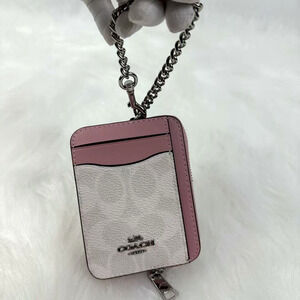 Coach Zip Card Case In Signature Canvas With Key Chain In Chalk/Carnation CW883
